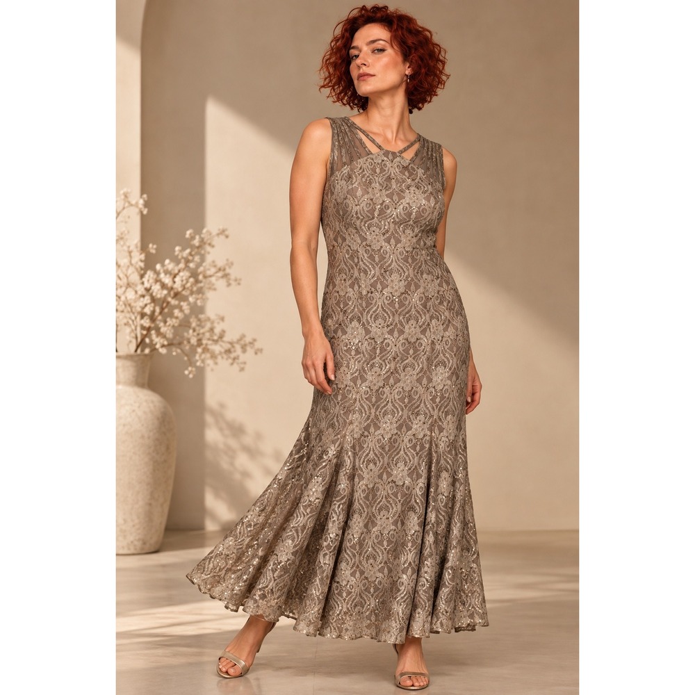 R&M Richards 16W Champagne Sequin Lace Flounce Dress Formal Glam NWT